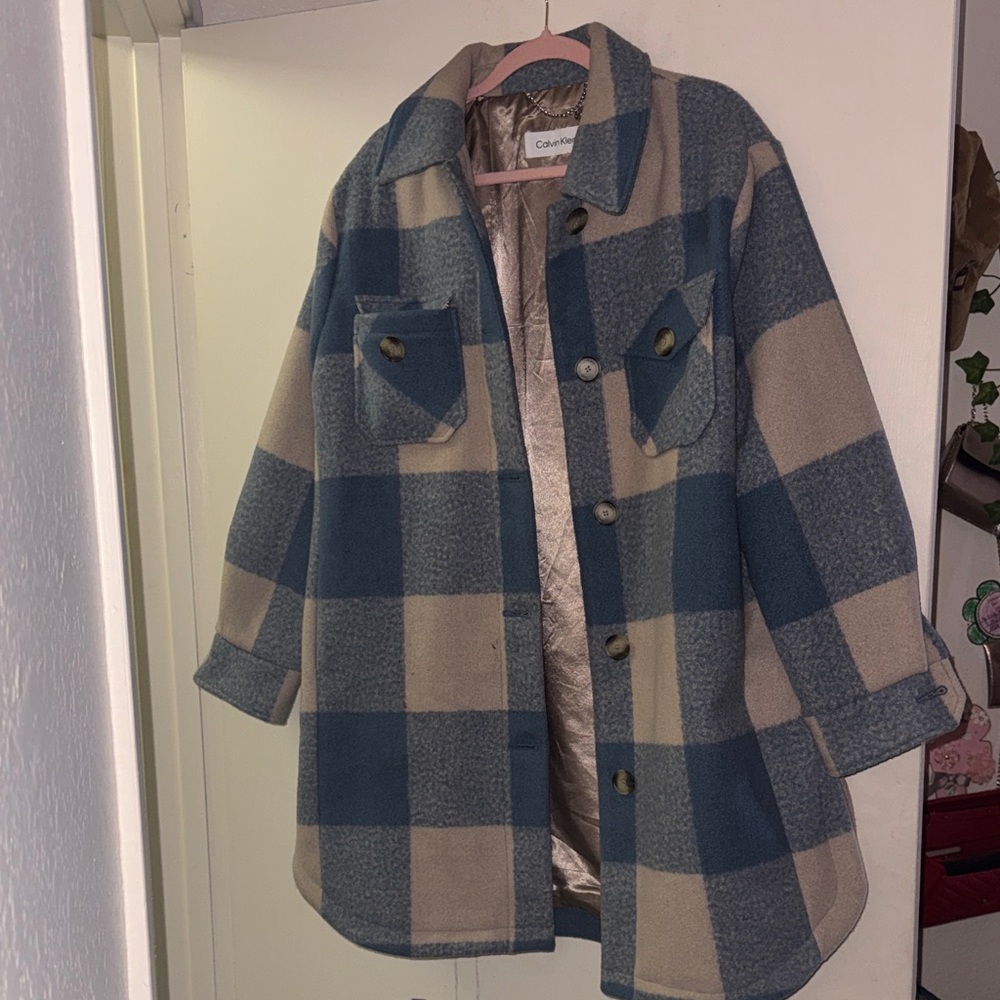 Calvin Klein Blue and Cream Checkered Coat